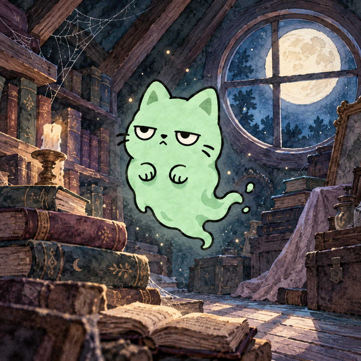 BooCat floating among forgotten books in a moonlit attic