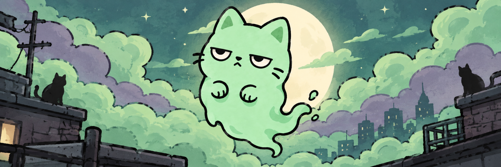 Original BooCat banner: the mint-green ghost floats over moonlit city rooftops