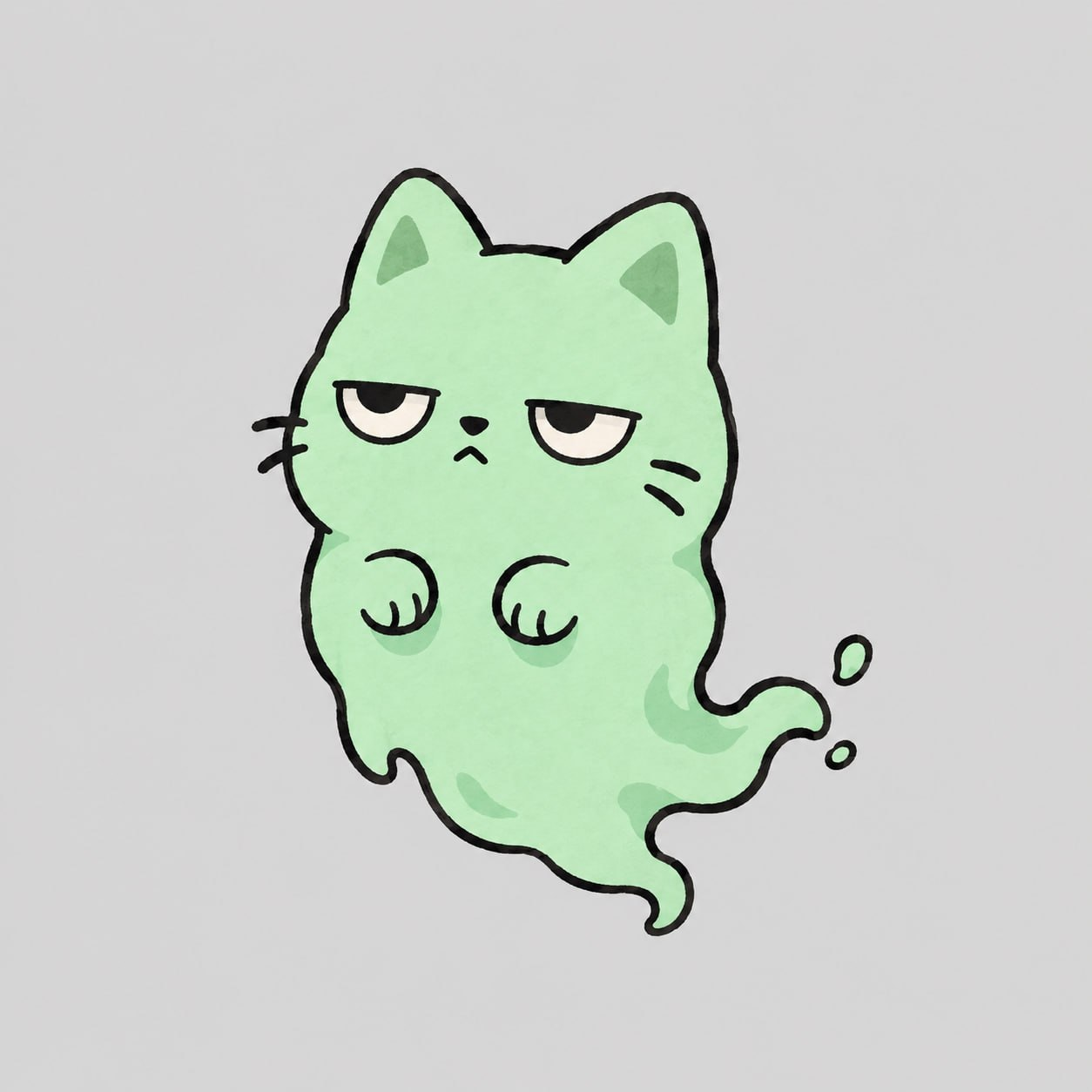 Original mint-green BooCat with sleepy eyes, little paws and a flowing ghost tail