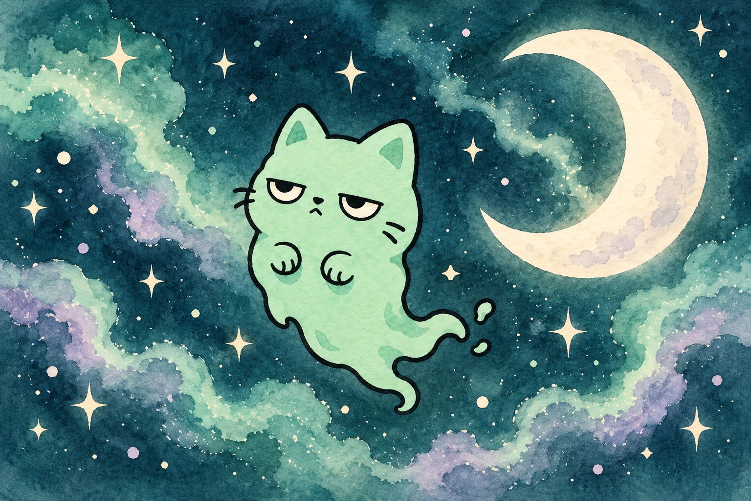 BooCat floats through a starry teal cosmos beside a cream crescent moon