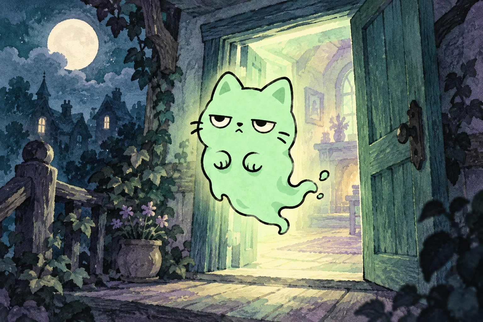 BooCat waits by a glowing mint doorway in a quiet old house