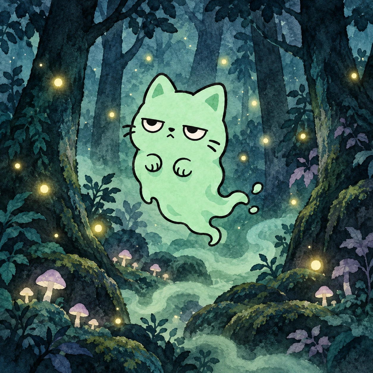 BooCat drifts through a misty enchanted forest beneath dark teal trees
