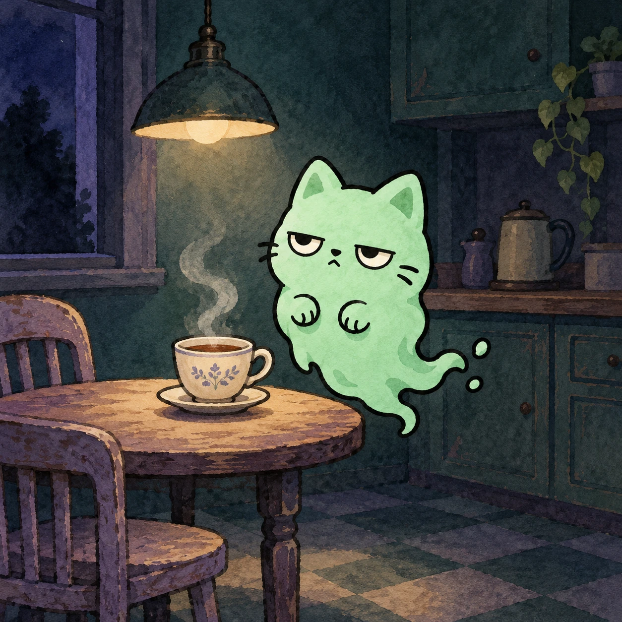 BooCat at a tiny kitchen table with a steaming midnight cup of tea